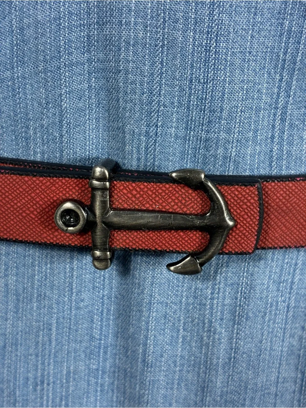 Womens belt 43” long Red Faux Leather Anchor Buckle Sailor Girl Nautical Beach
